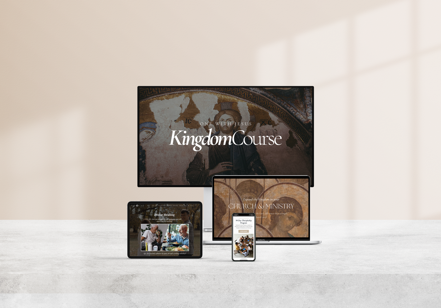 Responsive web design mockup showing Kingdom Course website across multiple devices.