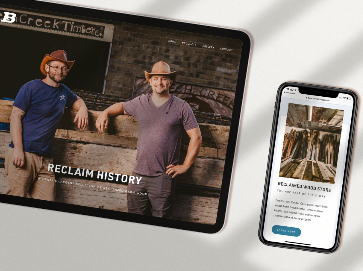 A tablet and phone mockup showing a website design with a rustic brick background.