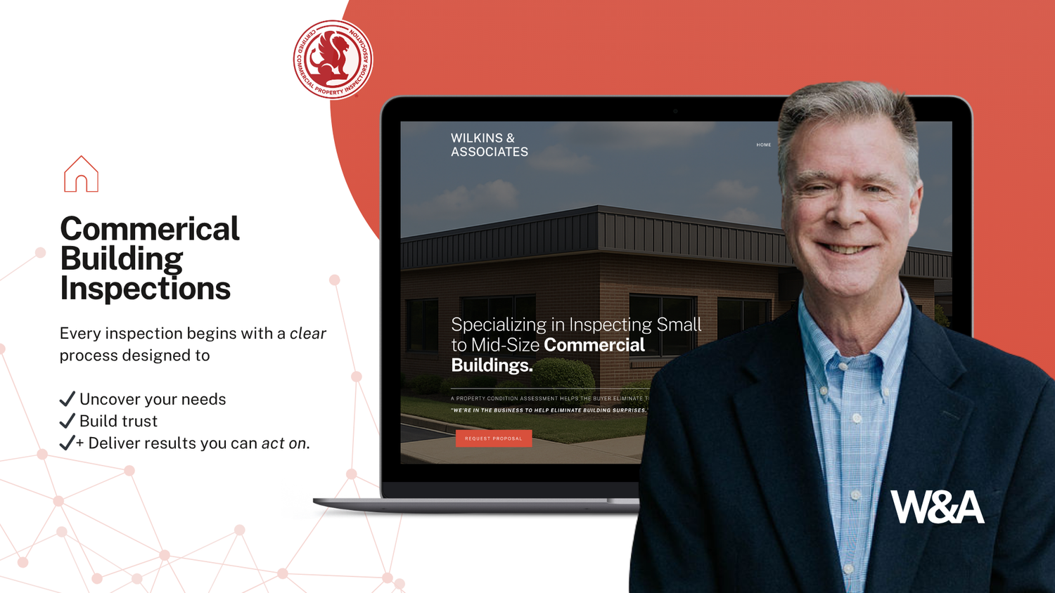 A smiling man in a suit beside a laptop showing a commercial building inspection website with W&A branding and service highlights.