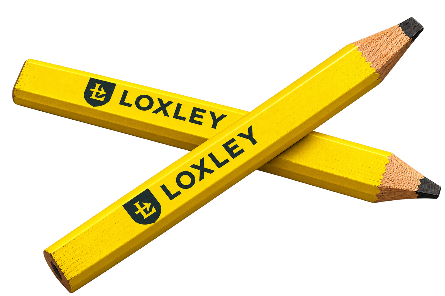 Two yellow Loxley branded carpenter pencils crossed over each other on a white background.