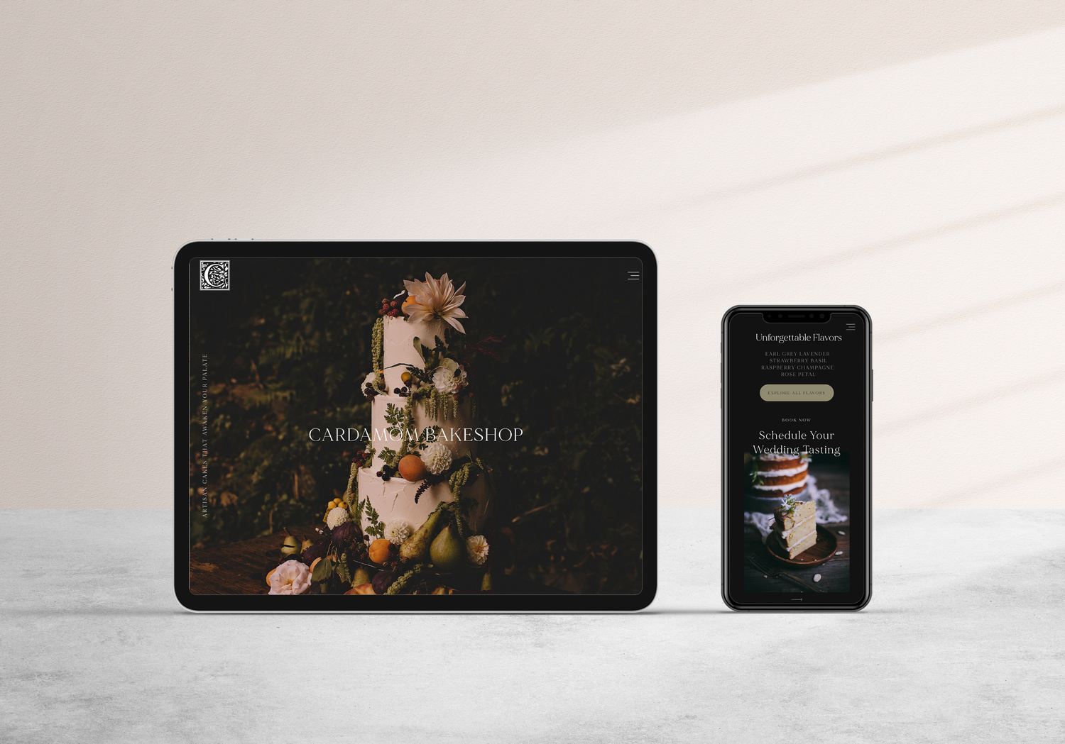 Dark electronic device mockups arranged in a row showing website or app interface designs on screens.