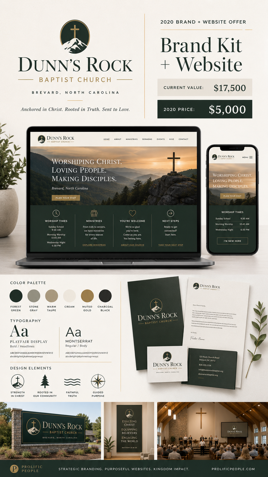 Brand kit and website design for Dunn's Rock Baptist Church in Brevard, NC, featuring logo, color palette, typography, and mockups.