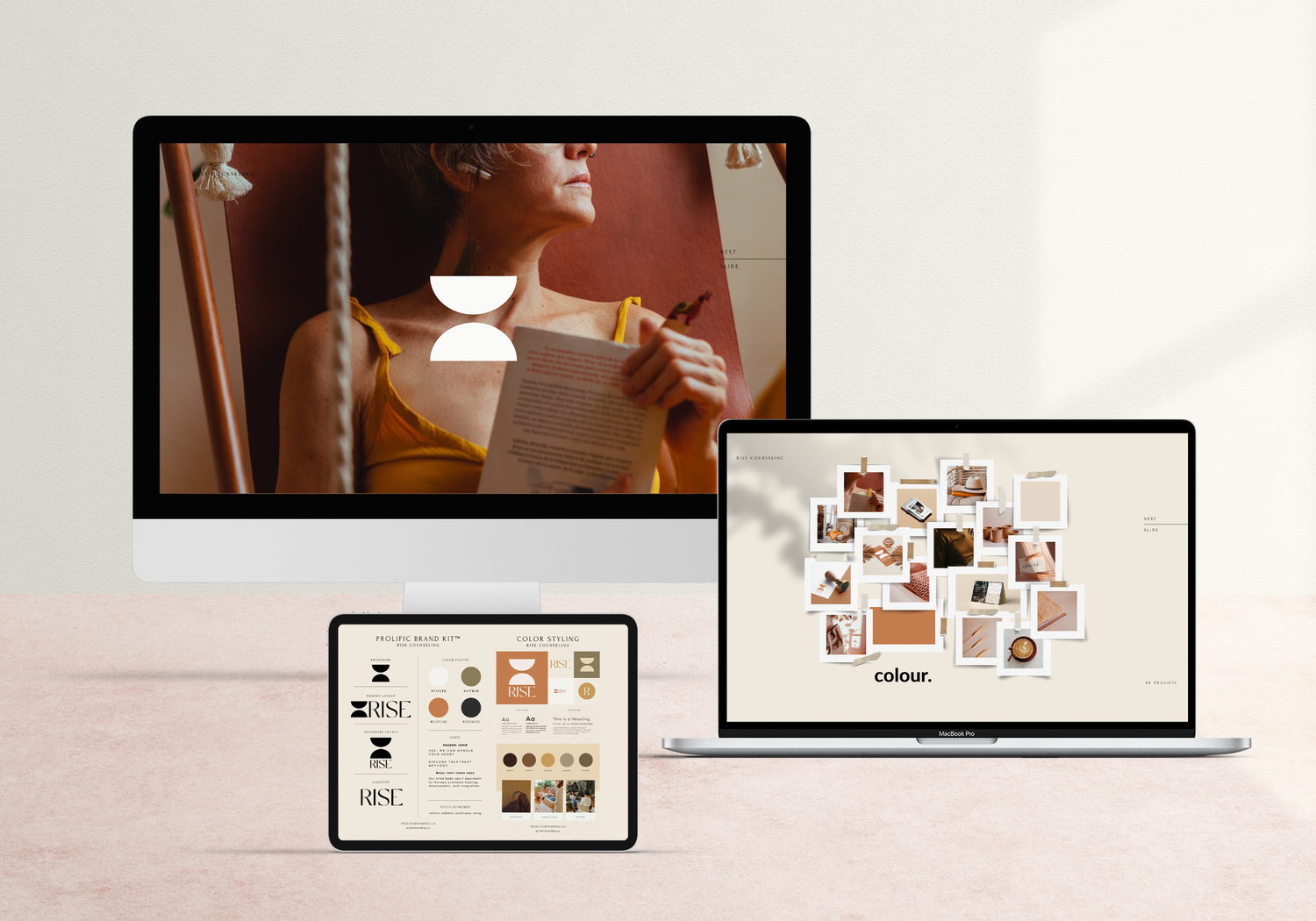 A collection of laptop and device screens displaying a digital content layout or website mockup interface.