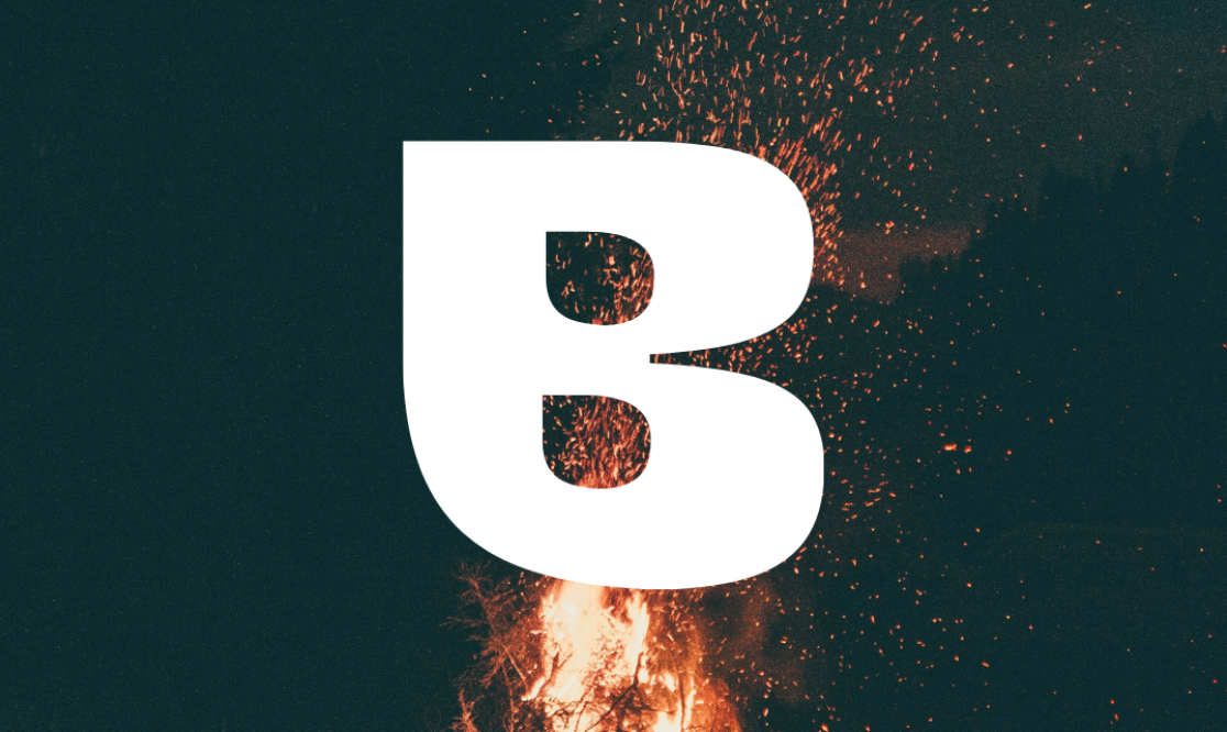 White letter B logo with dramatic orange fire effect against dark background.