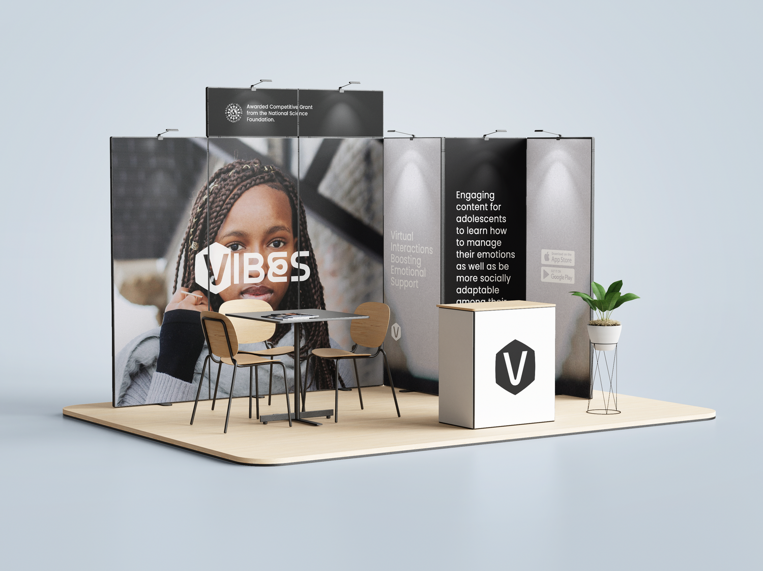 Modern exhibition booth design with seating area and branded wall displays.