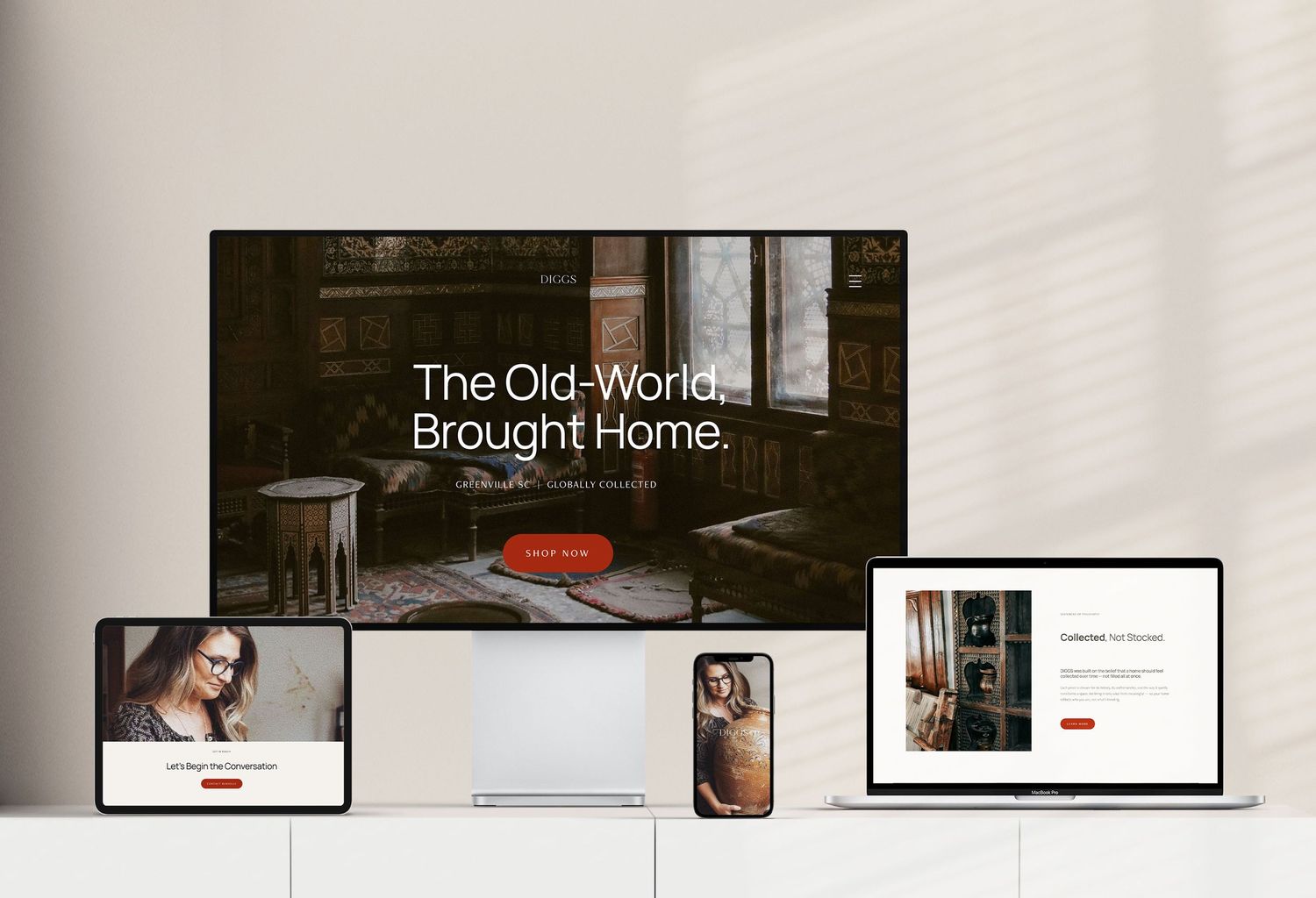 Responsive website mockup displaying an old-world home decor site across desktop, tablet, mobile, and laptop devices.