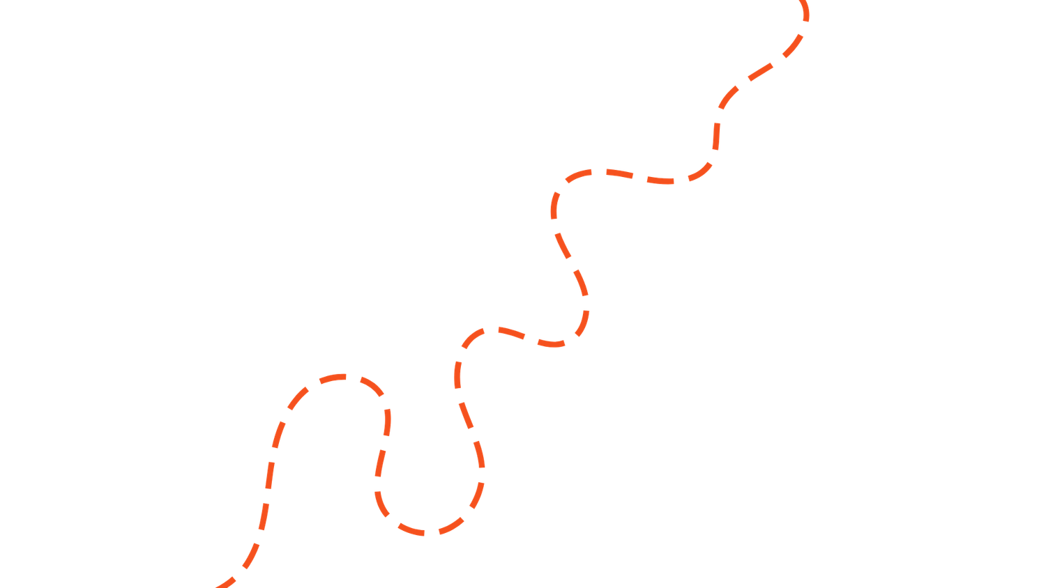 Orange dashed wavy line curving diagonally from bottom left to top right on a white background, a decorative squiggle design element.