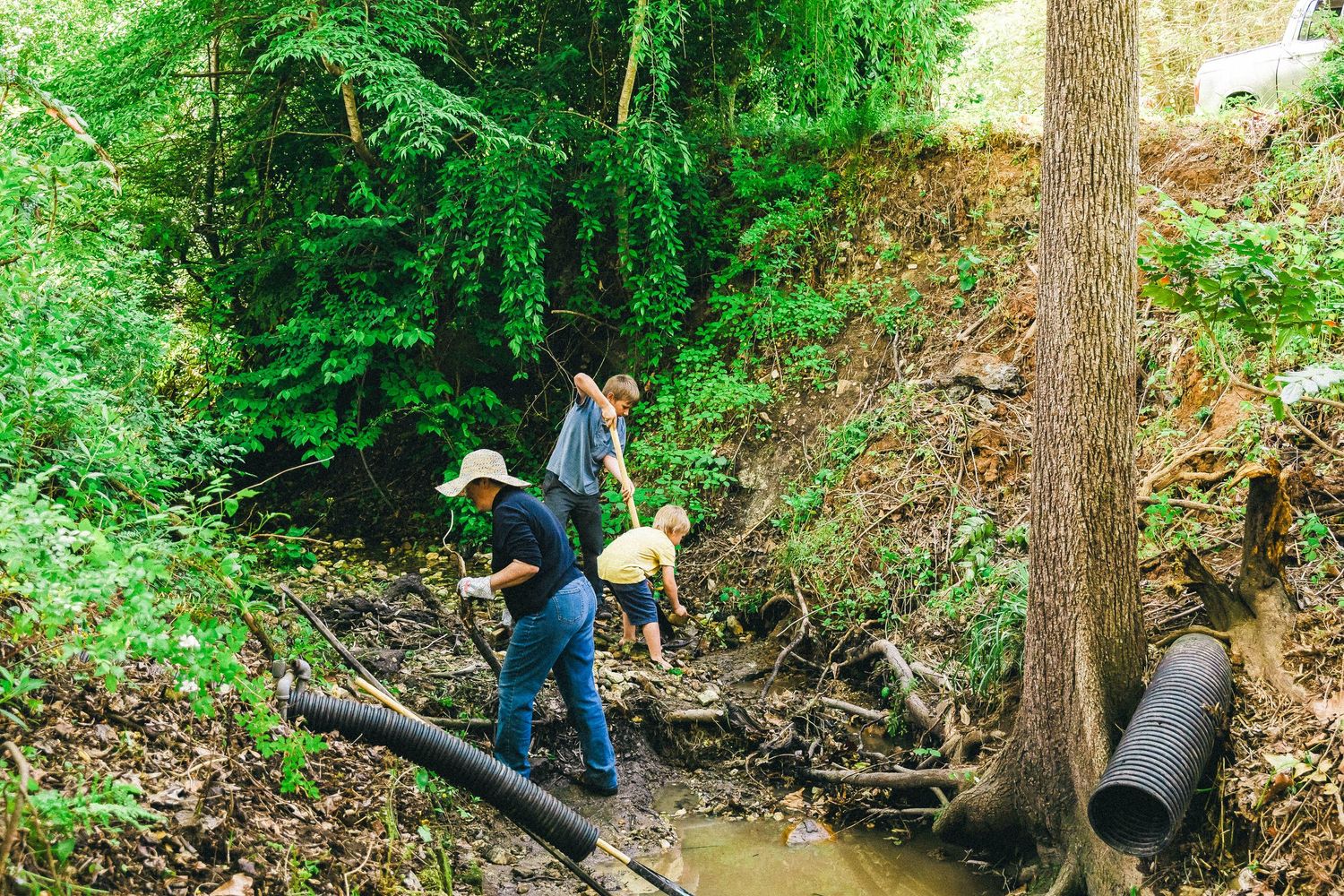 Two people working in a muddy creek bed surrounded by lush green trees and drainage pipes.