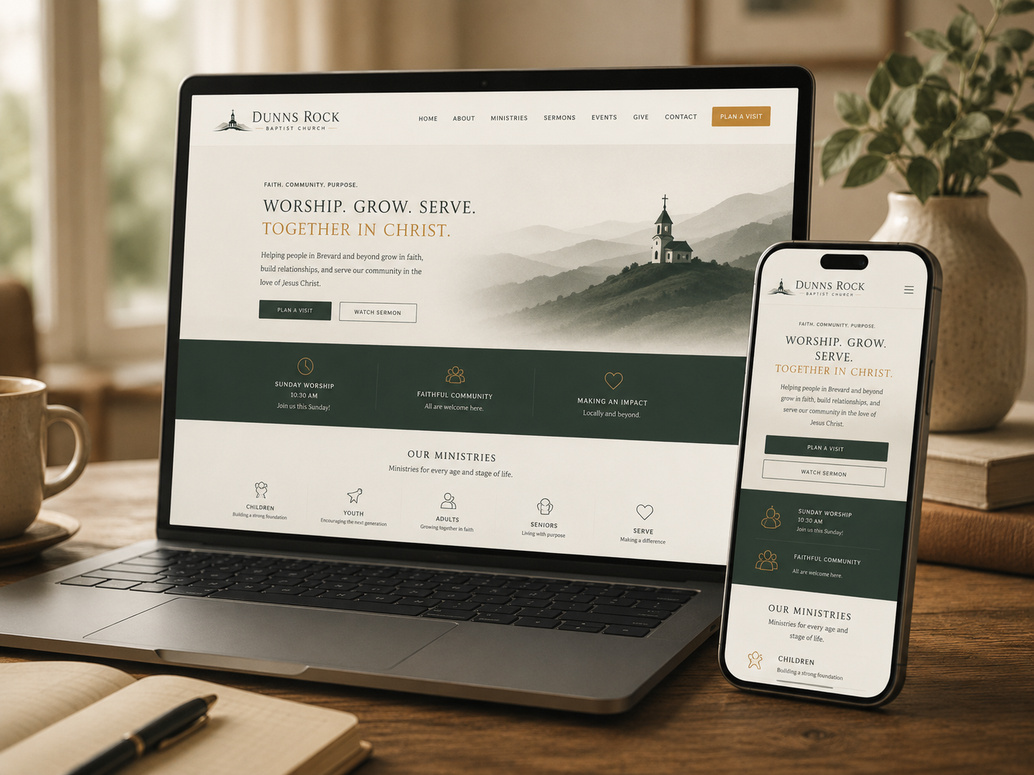 Church website design displayed on laptop and mobile, featuring green theme with Worship, Grow, Serve tagline.