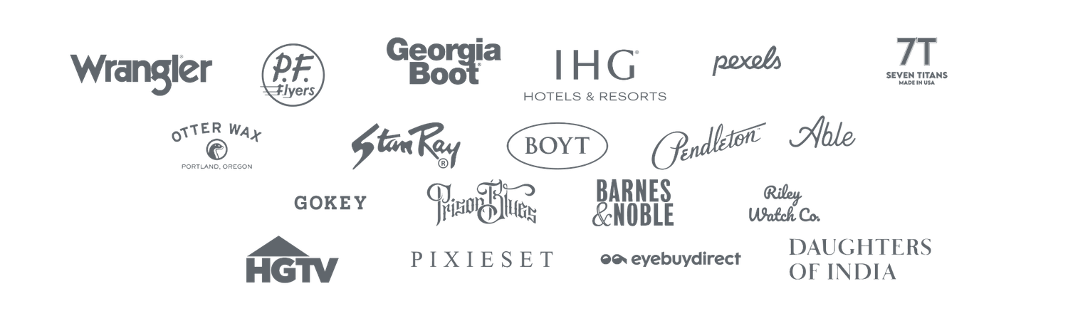 Collection of brand logos including Wrangler, Georgia Boot, IHG, HGTV, Barnes & Noble, and Daughters of India.
