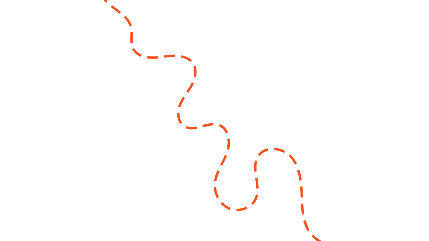 Orange dashed wavy line winding diagonally from top left to bottom right across a white background.
