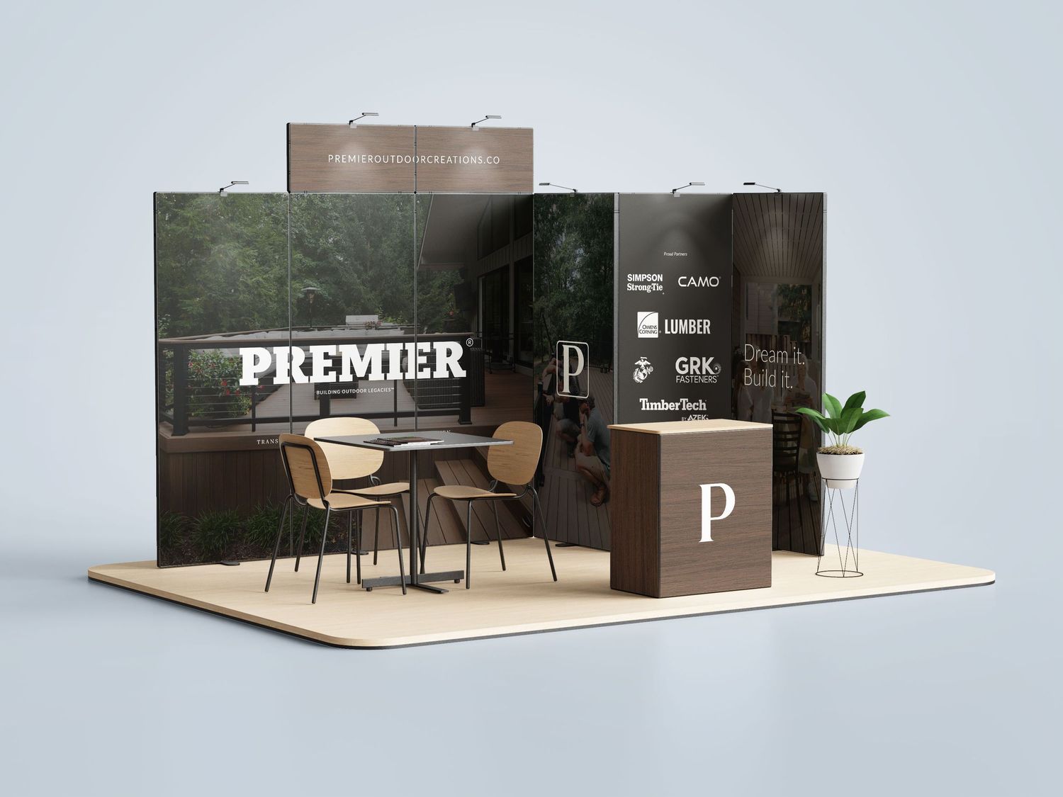 Modern trade show booth display for Premier featuring dark wood reception desk, seating area, and branded backwall.