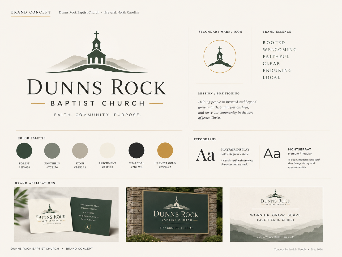 Brand concept sheet for Dunns Rock Baptist Church featuring logo, color palette, typography, and branded mockups.