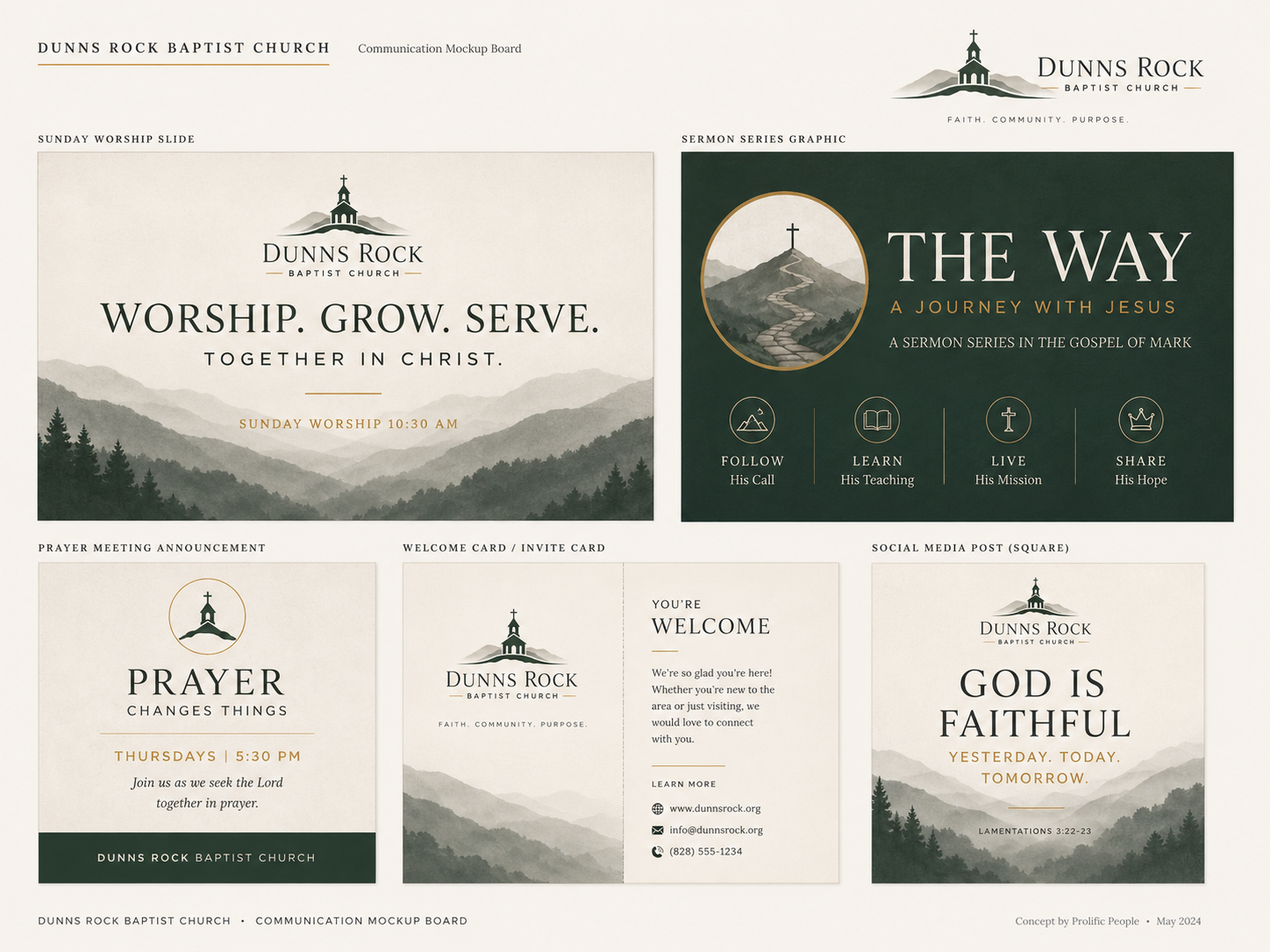 Dunns Rock Baptist Church communication design board featuring worship, prayer, and sermon graphics in green and white.