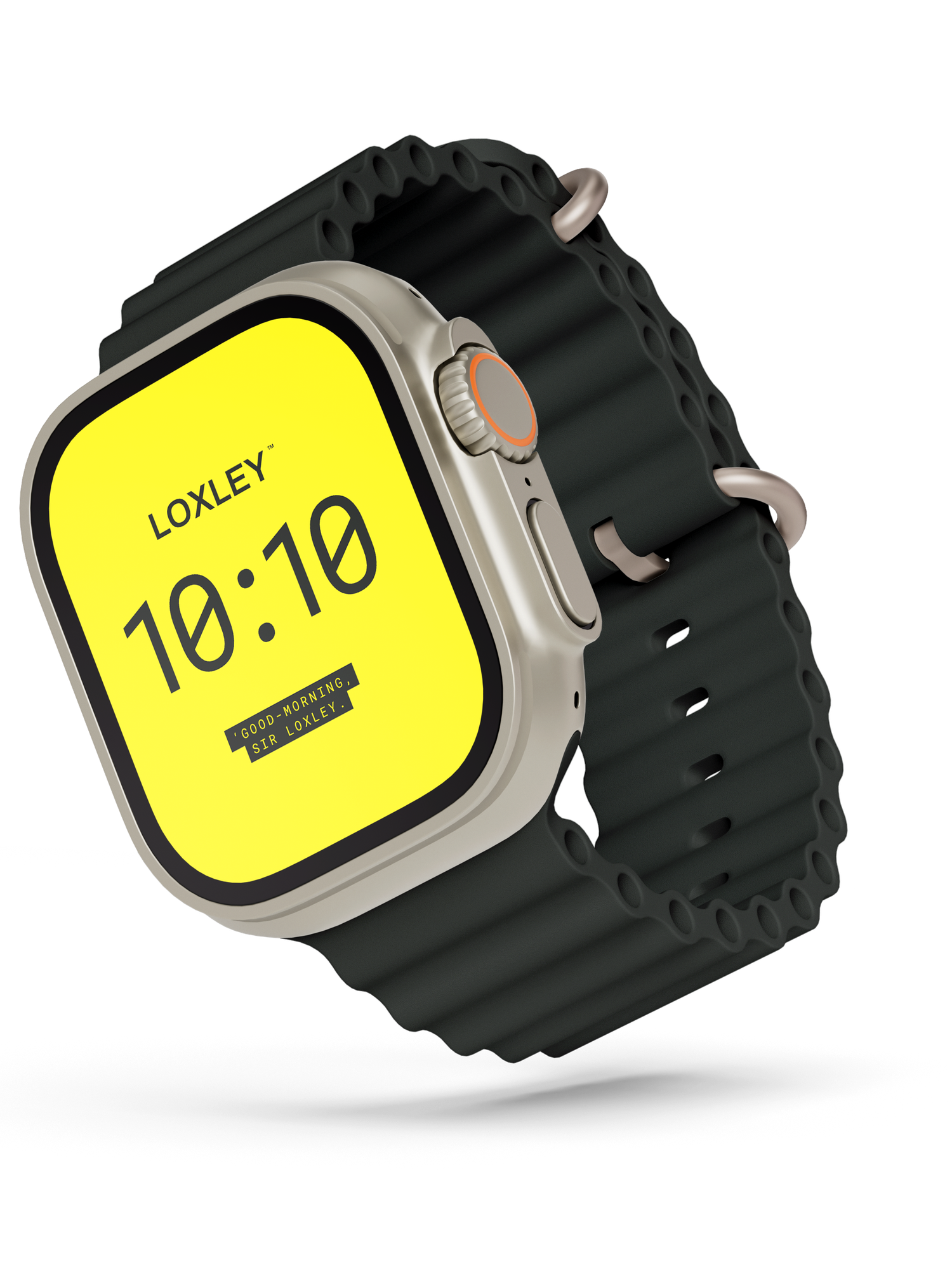 Titanium Loxley smartwatch with a bright yellow display showing 10:10 and a black ribbed ocean-style silicone band.
