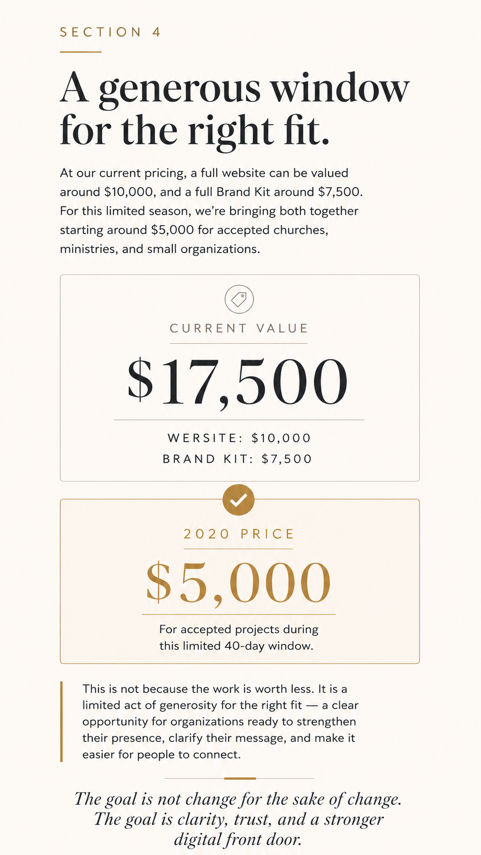 Pricing section showing website and brand kit bundle valued at $17,500 offered at $5,000 for churches and ministries.