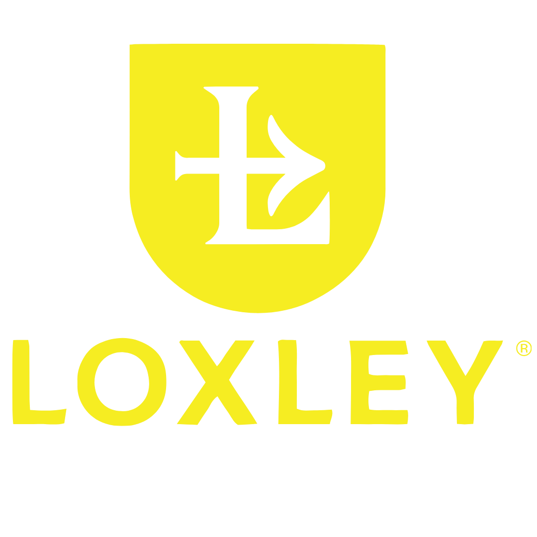 Yellow Loxley logo featuring a shield emblem with a stylized letter L and arrow above the bold uppercase Loxley wordmark.