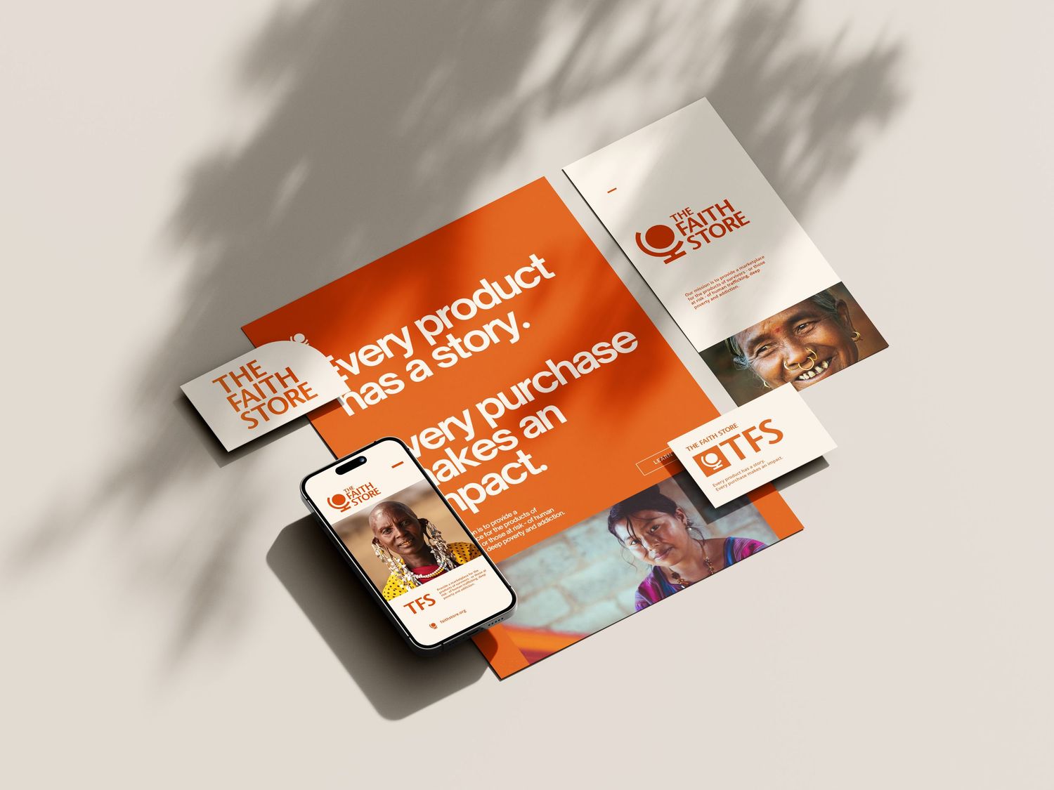 Marketing materials and mobile app mockup with orange branding on light background.
