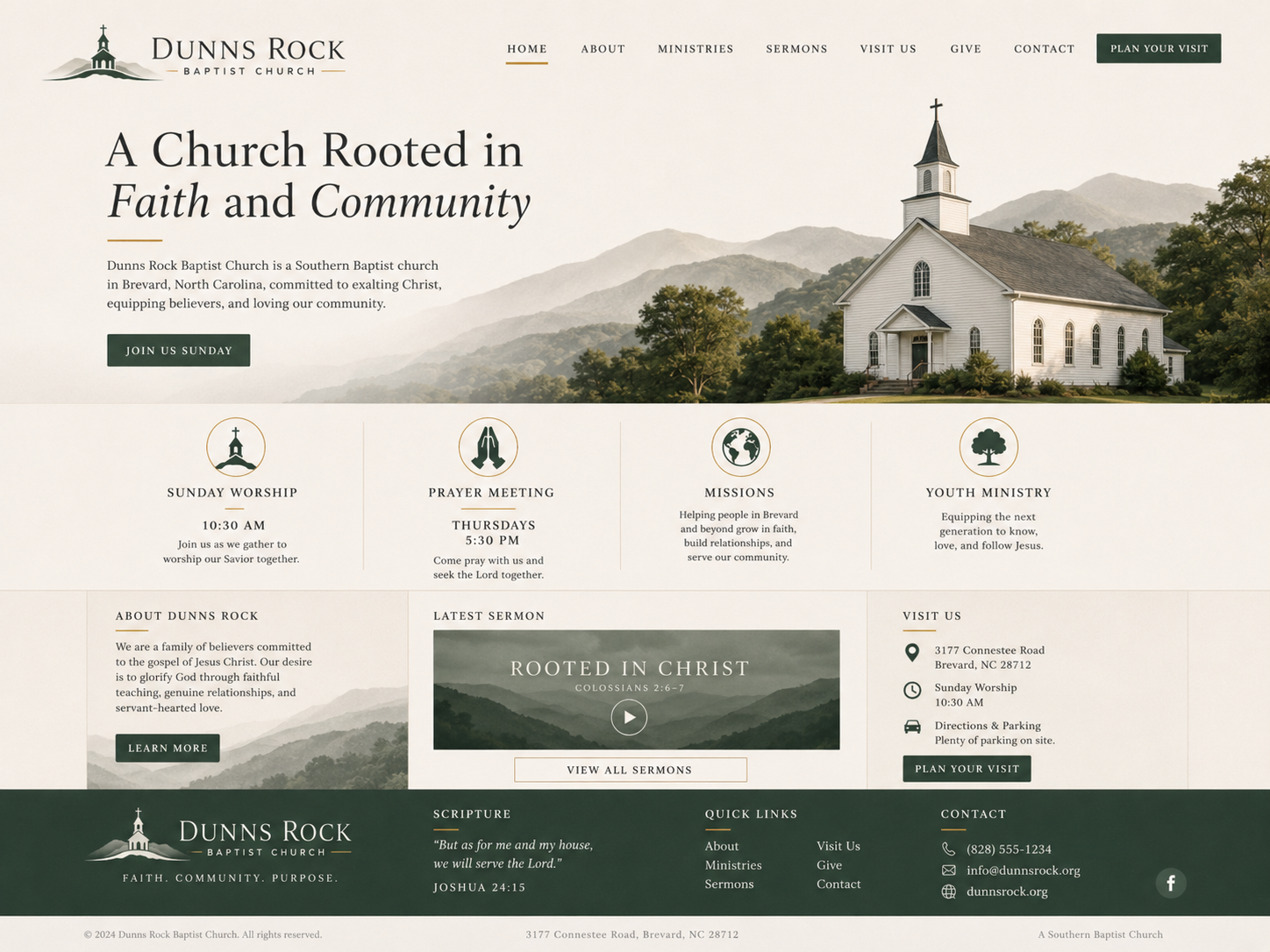 Dunns Rock Baptist Church website homepage featuring a white chapel surrounded by lush green mountains in South Carolina.