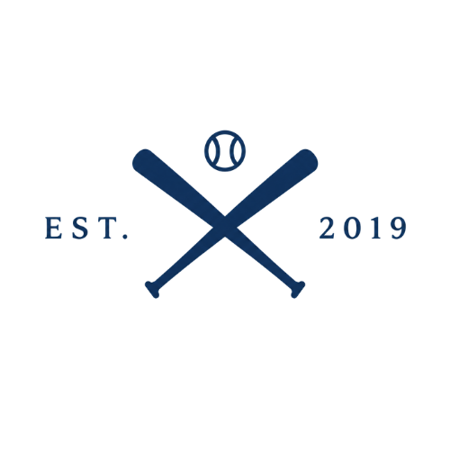 Navy blue crossed baseball bats with a baseball above, EST. 2019 text, minimalist sports logo design.