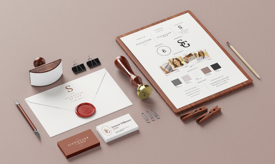 Elegant branding mockup with envelope, business cards and document holder in beige tones.