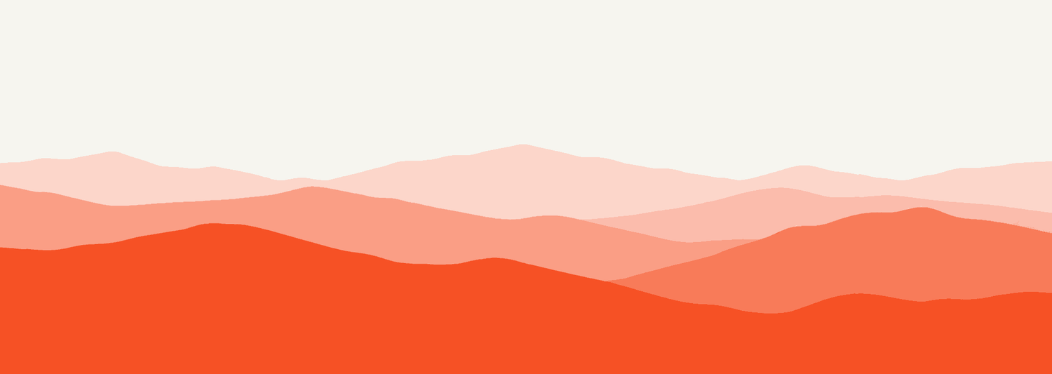 Minimalist vector illustration of layered mountain ridges in gradient shades of orange and coral against a soft cream sky.