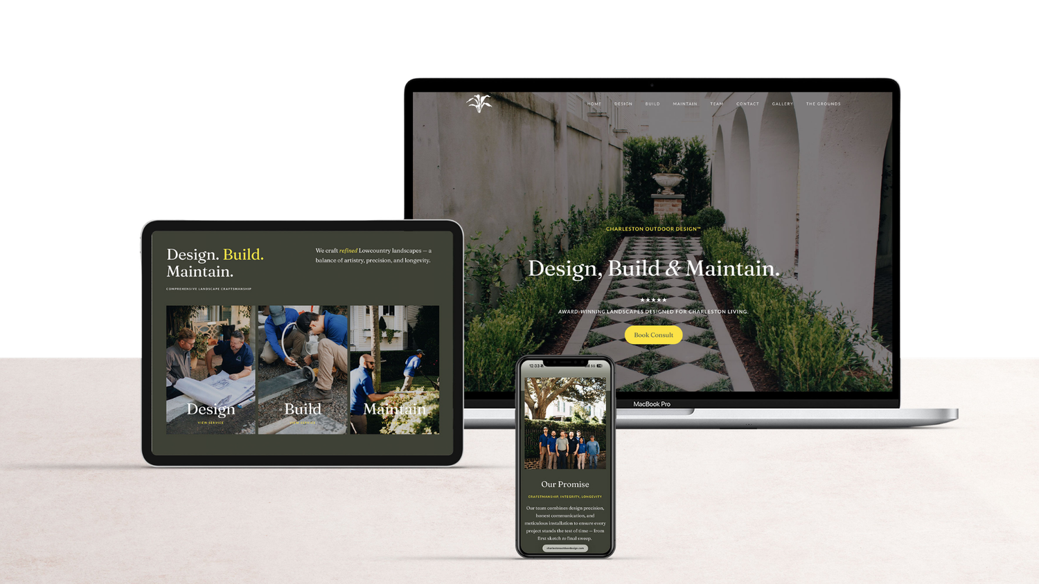 Responsive website mockup on laptop, tablet and phone showing a landscape design, build and maintain page with a garden courtyard.