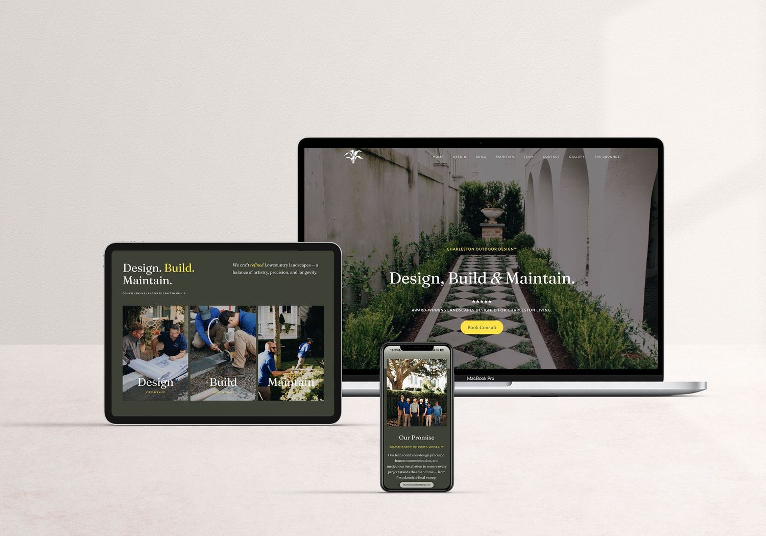 Responsive website mockup displayed on laptop, tablet, and phone showcasing a garden design, build, and maintain service.