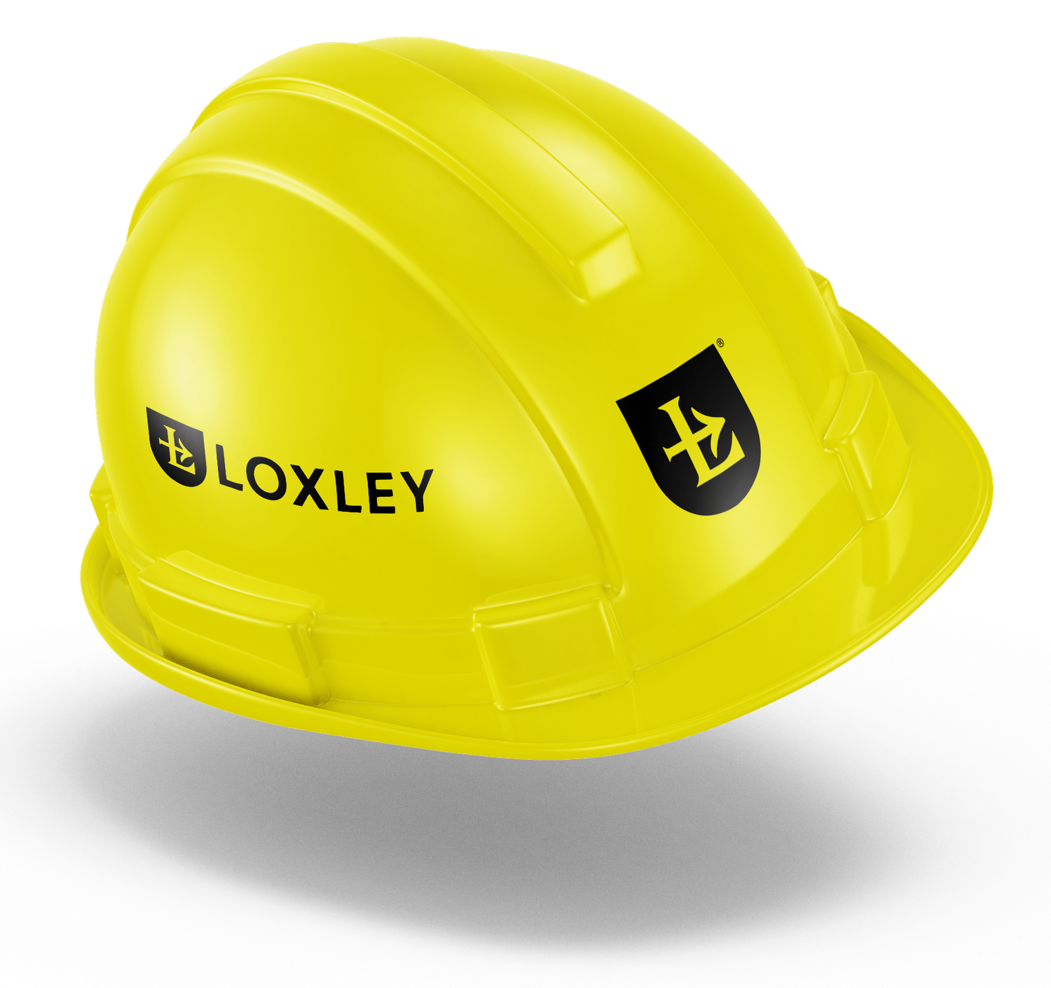 Yellow Loxley safety hard hat with black logo shield and brand name on the front, ideal for construction and job site protection.