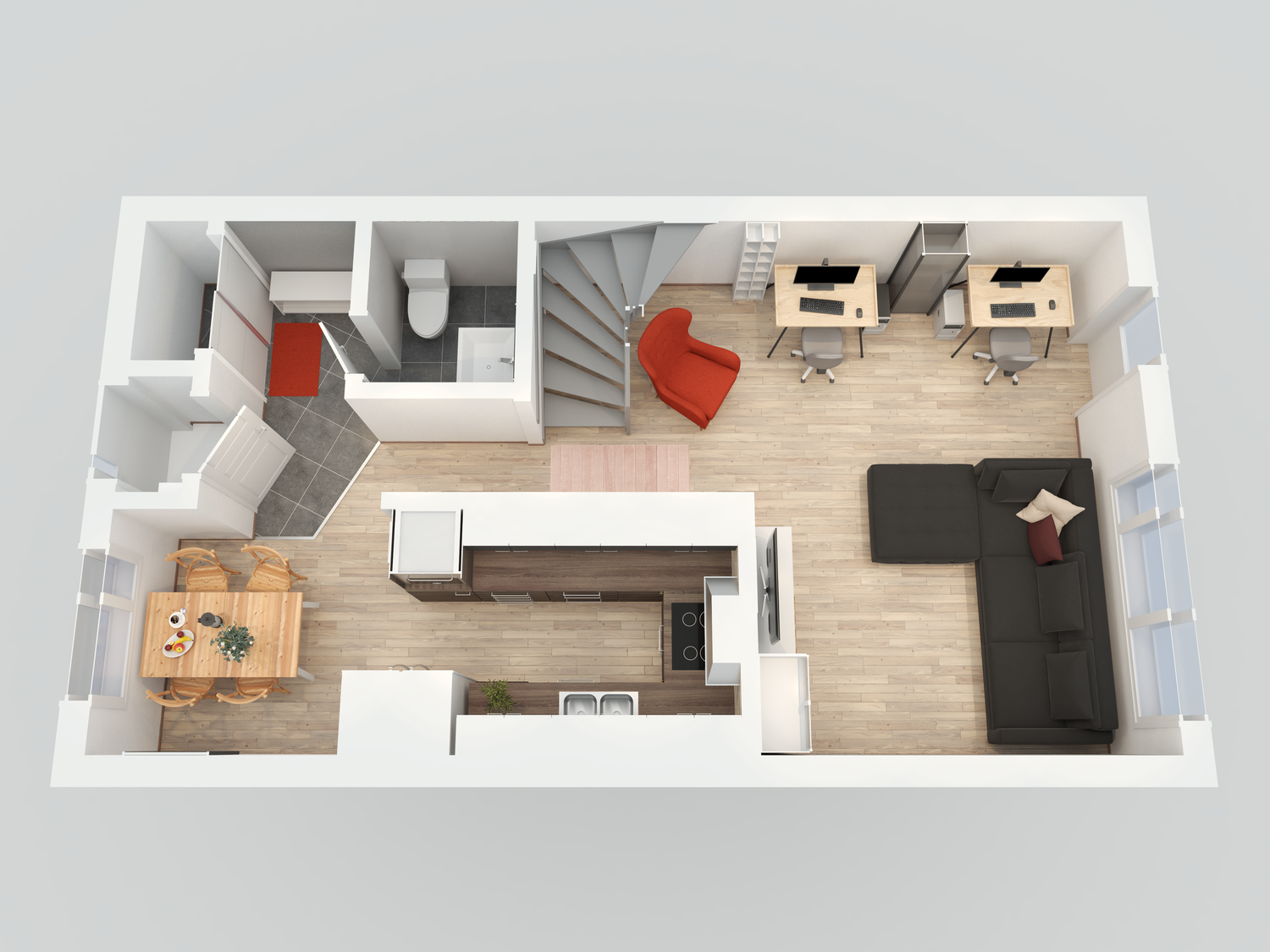 Example of 3D floor plan with furniture.
