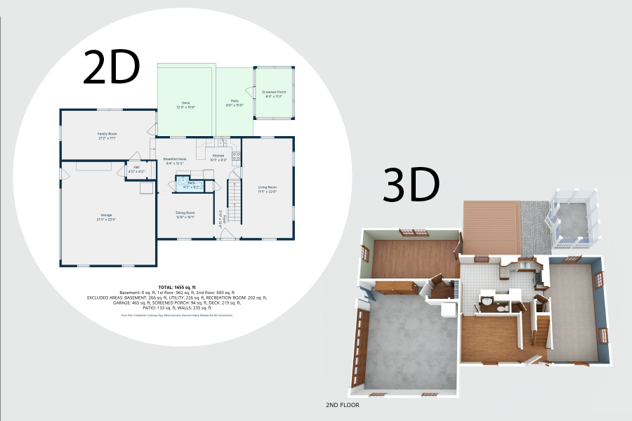 2D and 3D floor plans of a two-story home showing room layouts, dimensions, and spatial relationships between living areas.