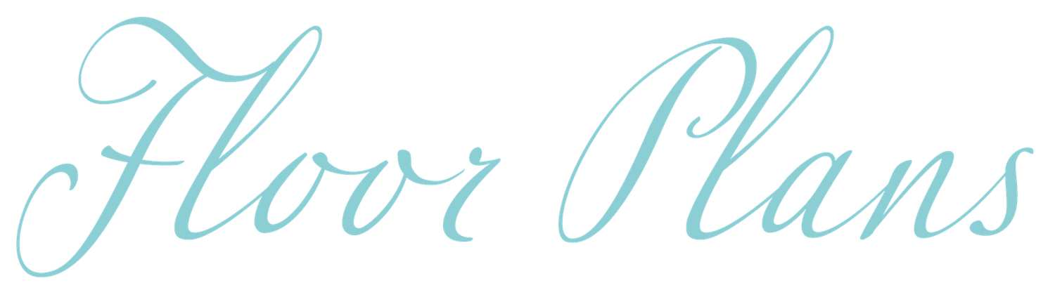 Elegant cursive script floor plans text in light blue on white background.