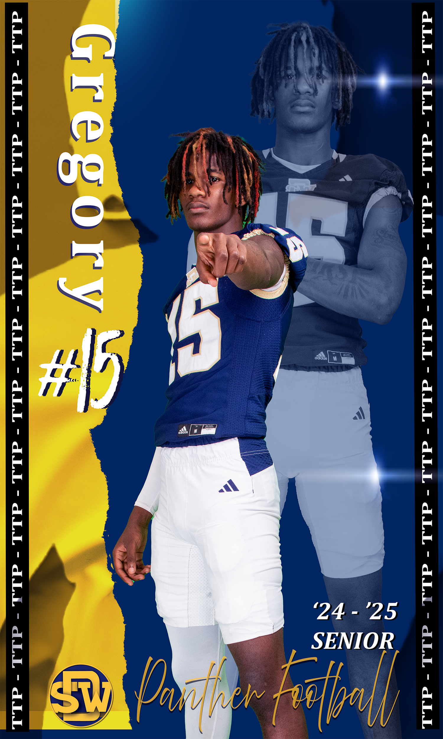 College athlete recruitment graphic in navy blue and yellow featuring posed athletic uniform photos.