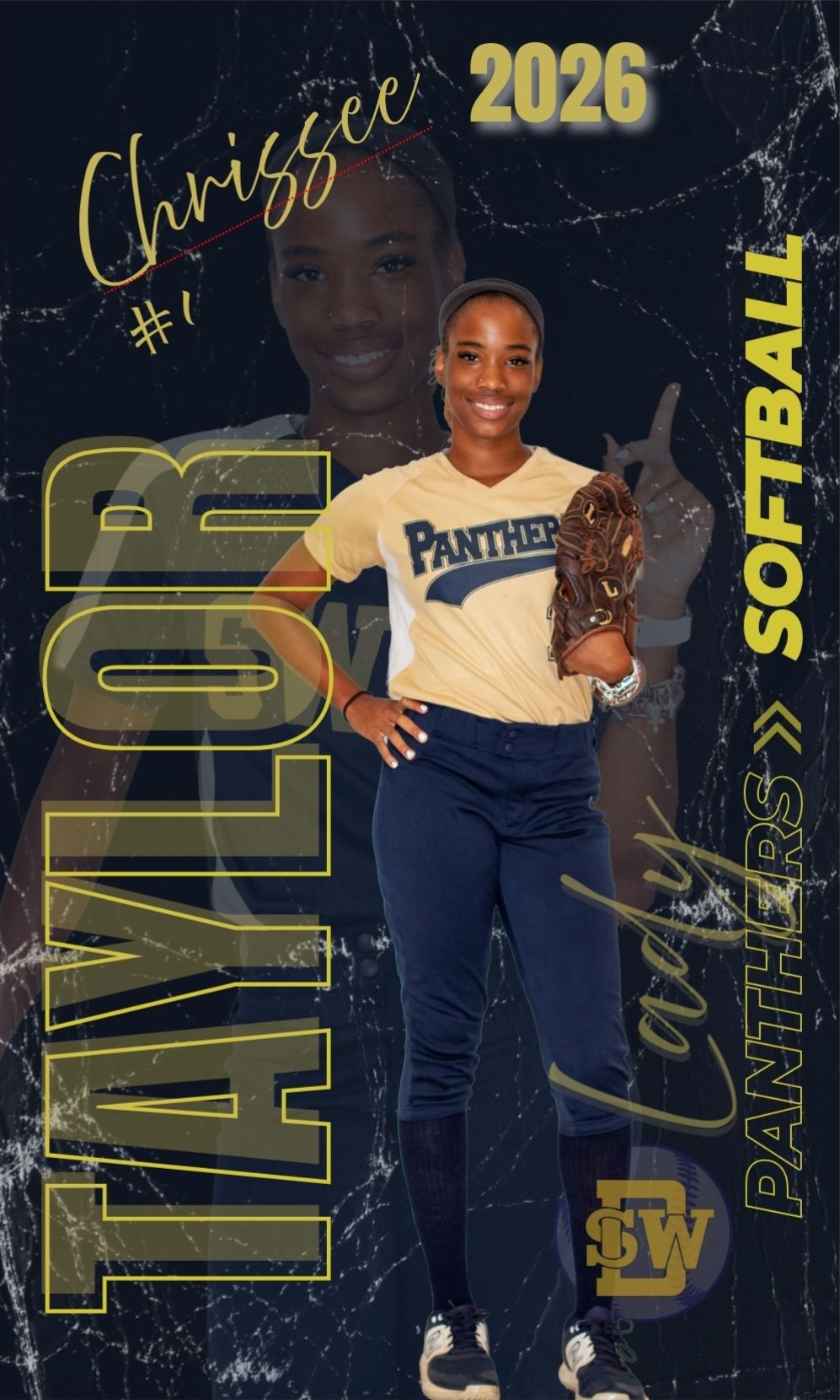 Split view of person posing in front of a dark background with gold-colored text and graphics for class of 2026.