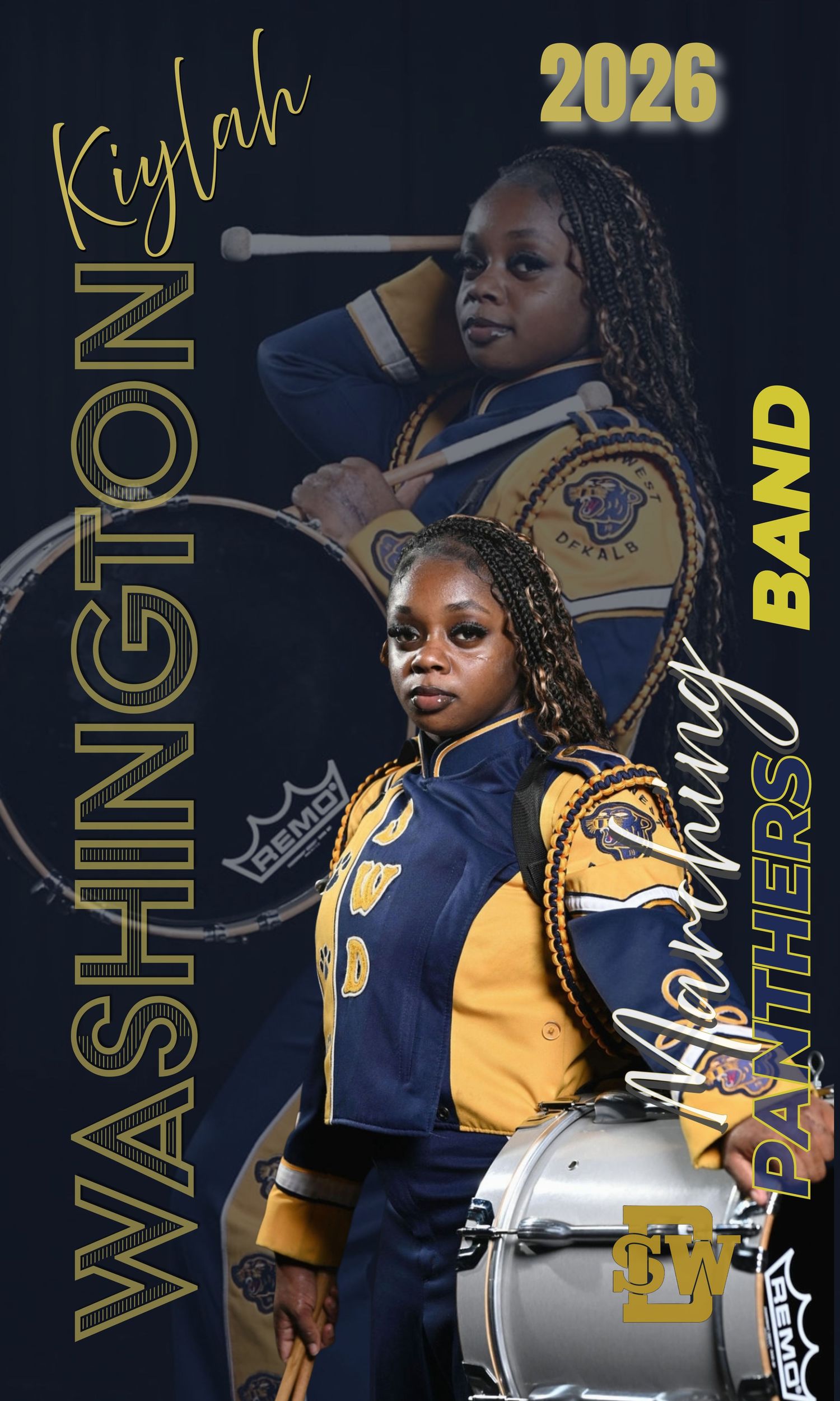 Kiylah Washington, class of 2026, poses in marching band uniform for the Panthers Marching Band promotional photo.