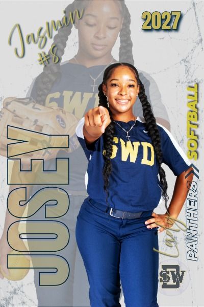 Jasmin #8, Lady Panthers Softball player in navy SWD uniform, class of 2027, pointing at camera on promotional banner.