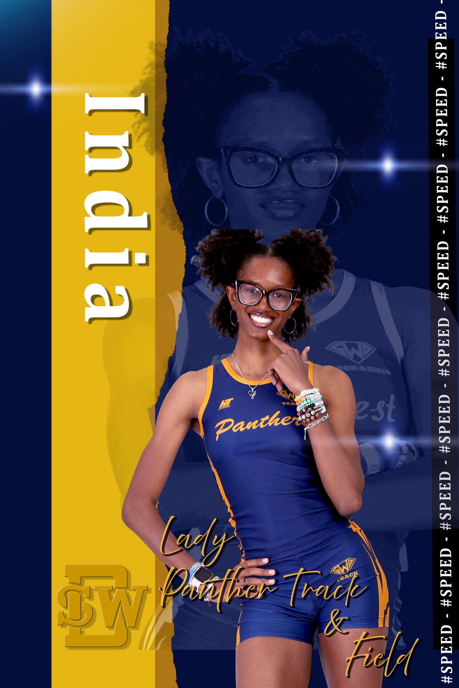 Athletic student in navy blue uniform with Panthers text and glasses poses against blue and gold background with sparkles.