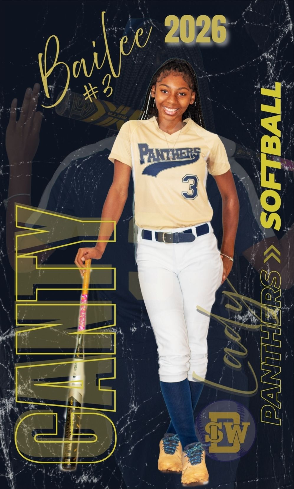 Baseball player wearing Panthers uniform stands in athletic stance against dark background with gold accents and graphics.