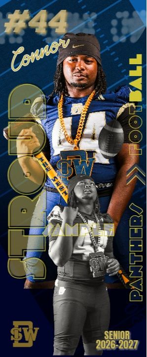 Senior football player Connor Stroud #44, Panthers 2026-2027, in blue and gold uniform for SW football team.