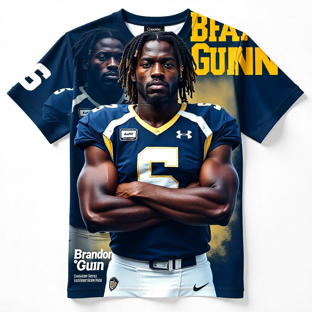 Two navy blue sports jerseys with yellow accents displayed side by side showing different athletic uniform styles.