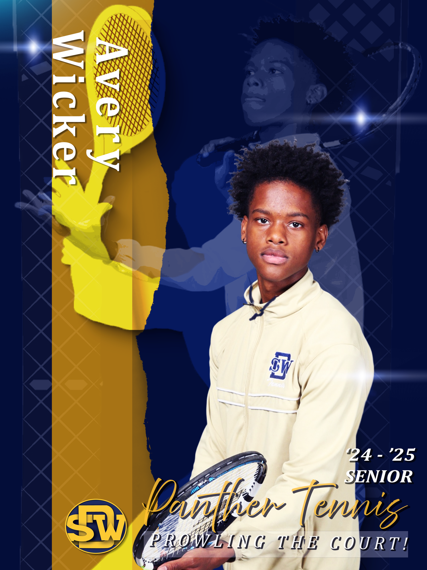 College tennis player in beige uniform stands against blue and gold graphic design background with microphone icon.