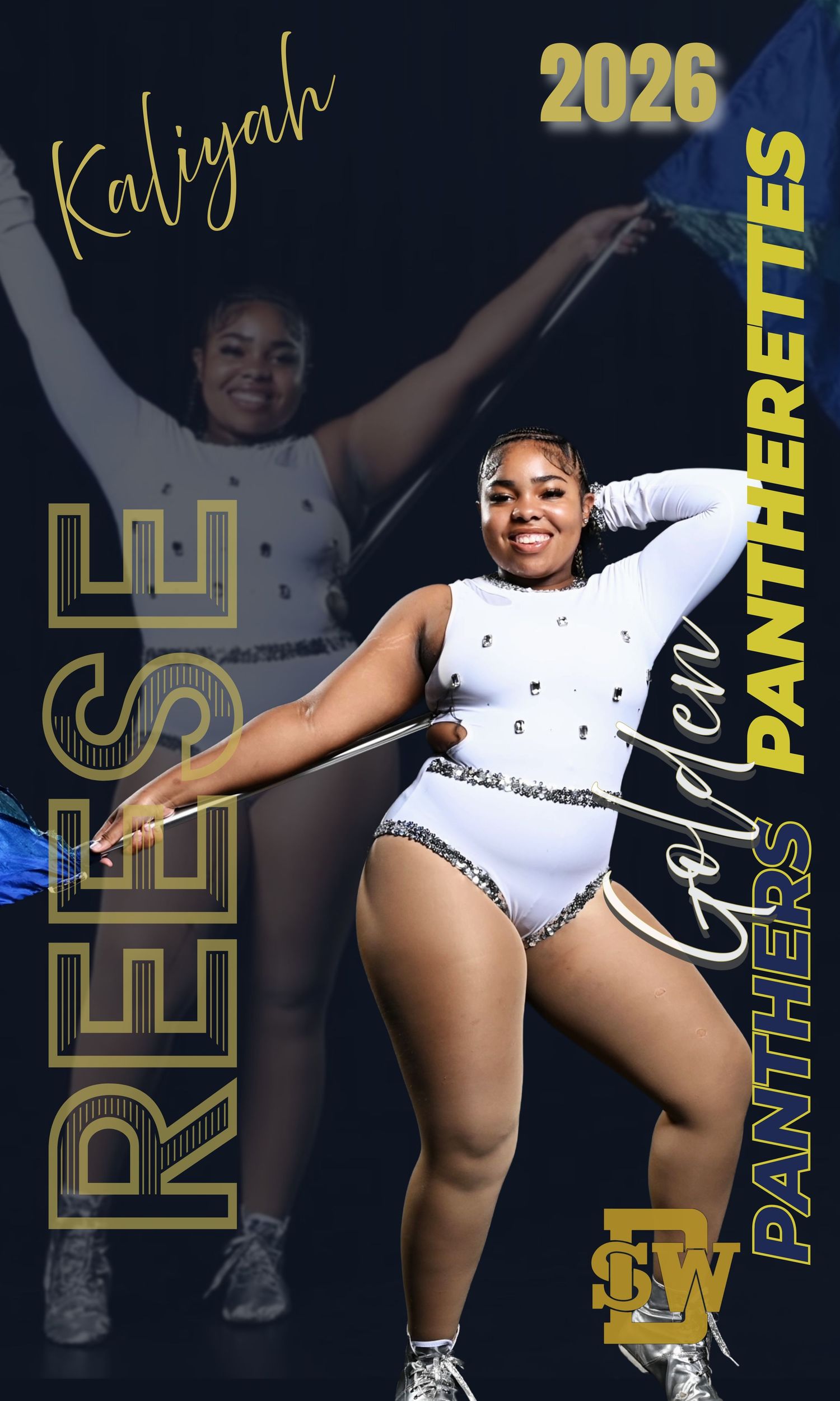 Kaliyah Reese, Golden Panthers Pantherettes class of 2026, poses in white uniform with baton.