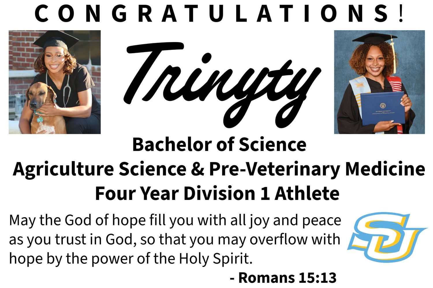 Graduation announcement collage featuring athletic and academic achievements with Southern University branding and text.