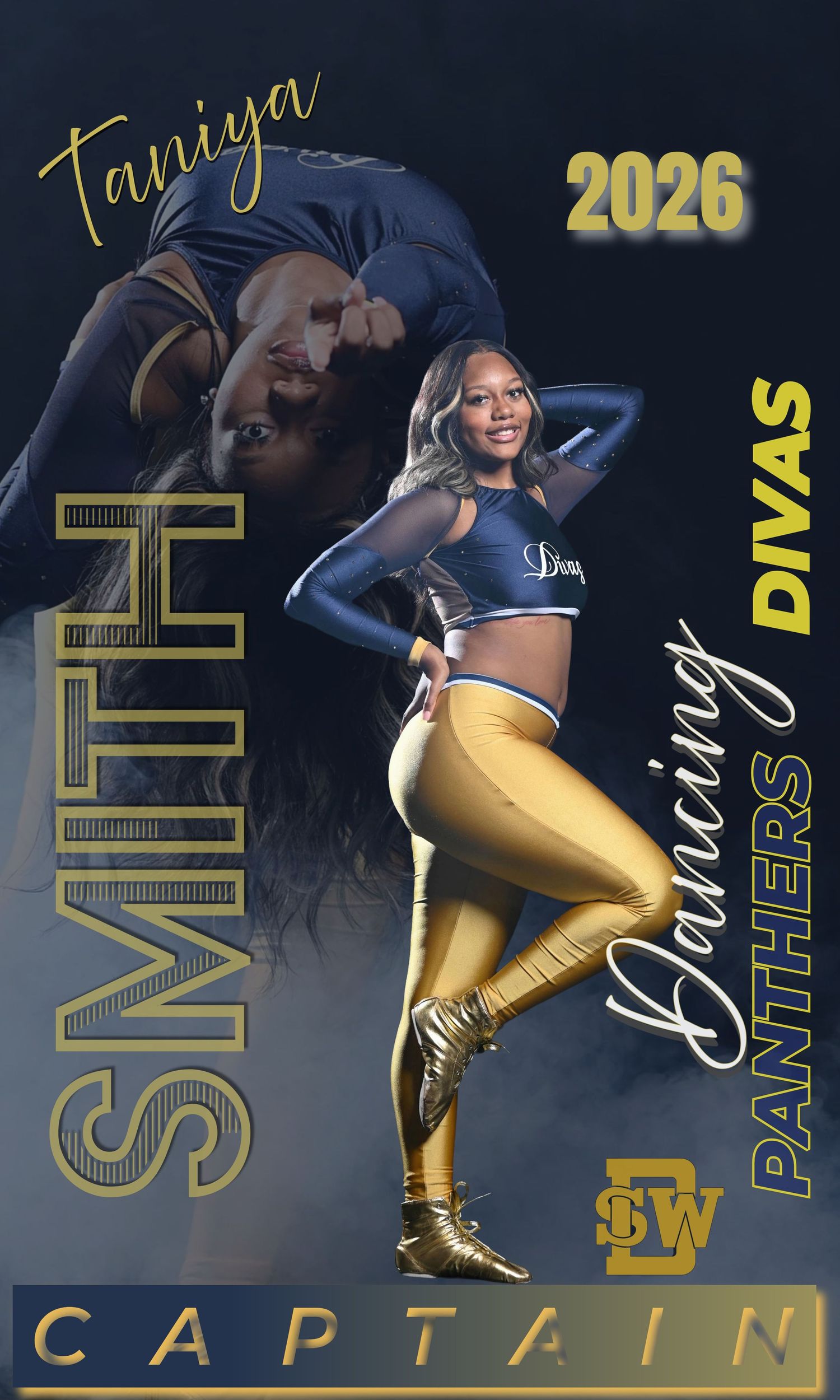 Taniya Smith, 2026 Captain of the Dancing Panthers Divas, poses confidently in gold leggings and navy uniform.