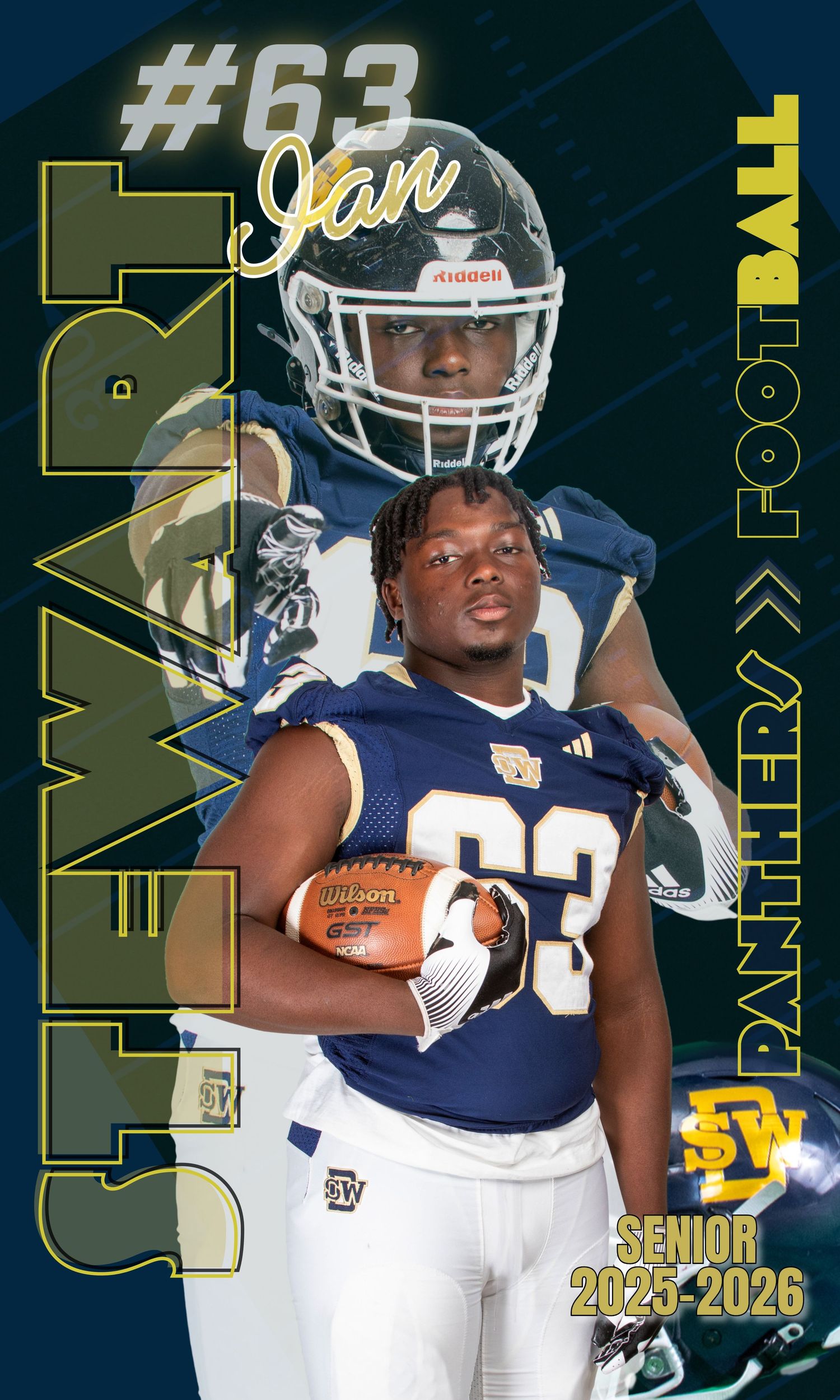 High school senior football player Jan Stewart, jersey #63, poses in navy Panthers uniform for 2025-2026 season photo.