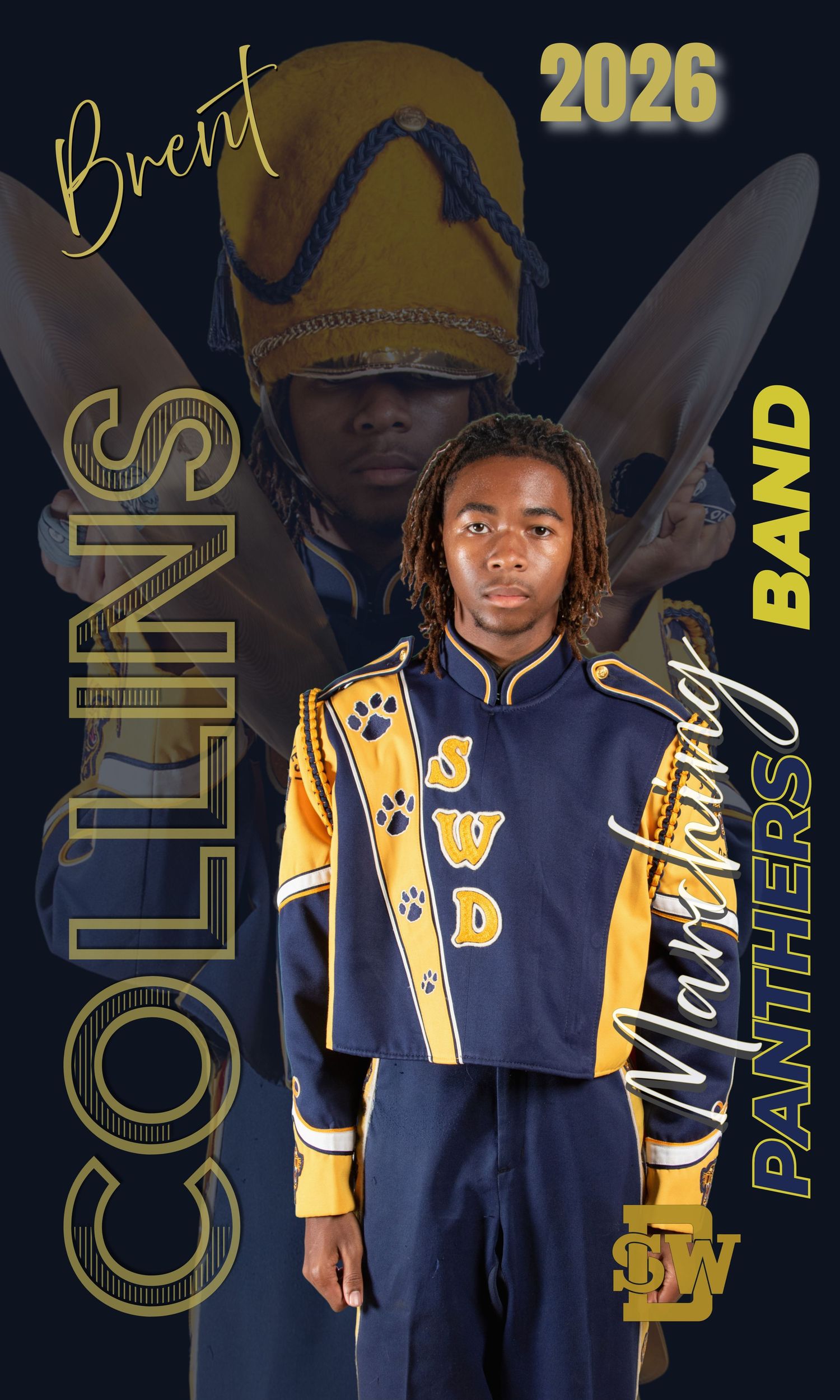 Brent Collins, Class of 2026, poses in SWD Marching Panthers band uniform in navy and gold.