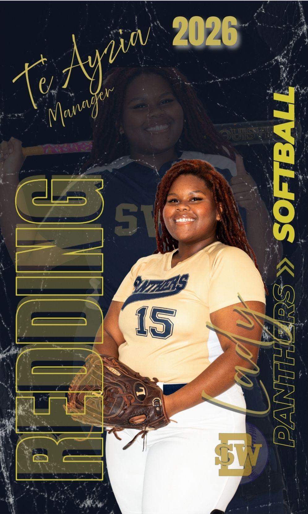 Softball player in white uniform poses during team photo shoot against dark background with graphics.