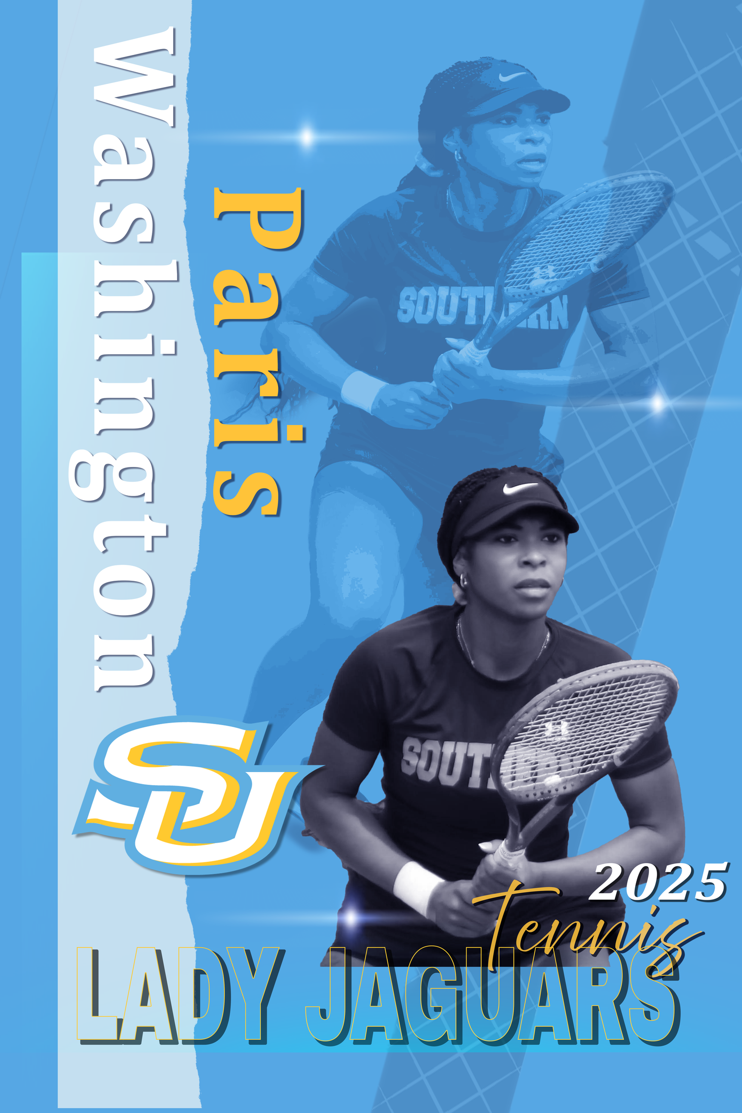 A blue athletic poster design featuring tennis players and Lady Jaguars branding for Southern University Paris 2025.