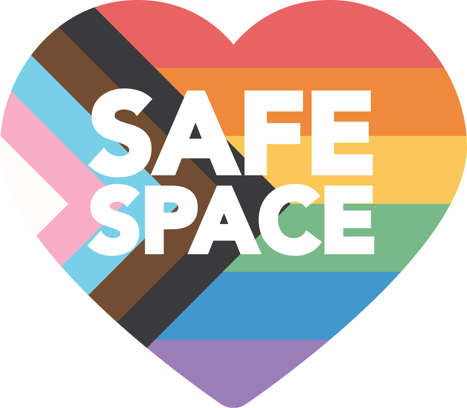 A heart-shaped pride flag design featuring the text 'SAFE SPACE' in white letters against a rainbow striped background.
