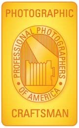 Professional Photographers of America Craftsman certification badge in gold.